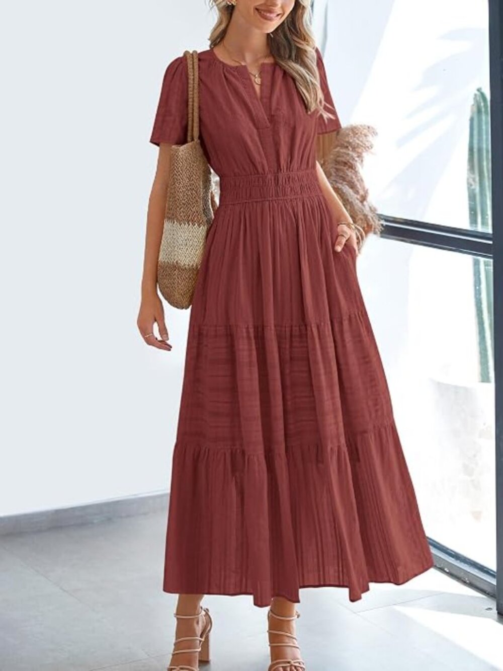 Womens Summer 2026 Casual Midi Maxi Dresses Lightweight Short Sleeve V Neck Elas